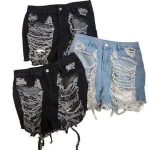 Y2K Vintage -3 PAIR Denim Shorty Shorts Shredded Jean Thrashed CLUBBING Large 32